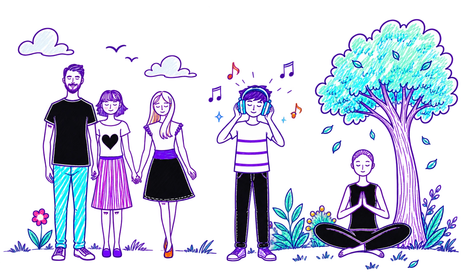 Ilustraciones a mano de una familia, un adolescente y una persona en calma